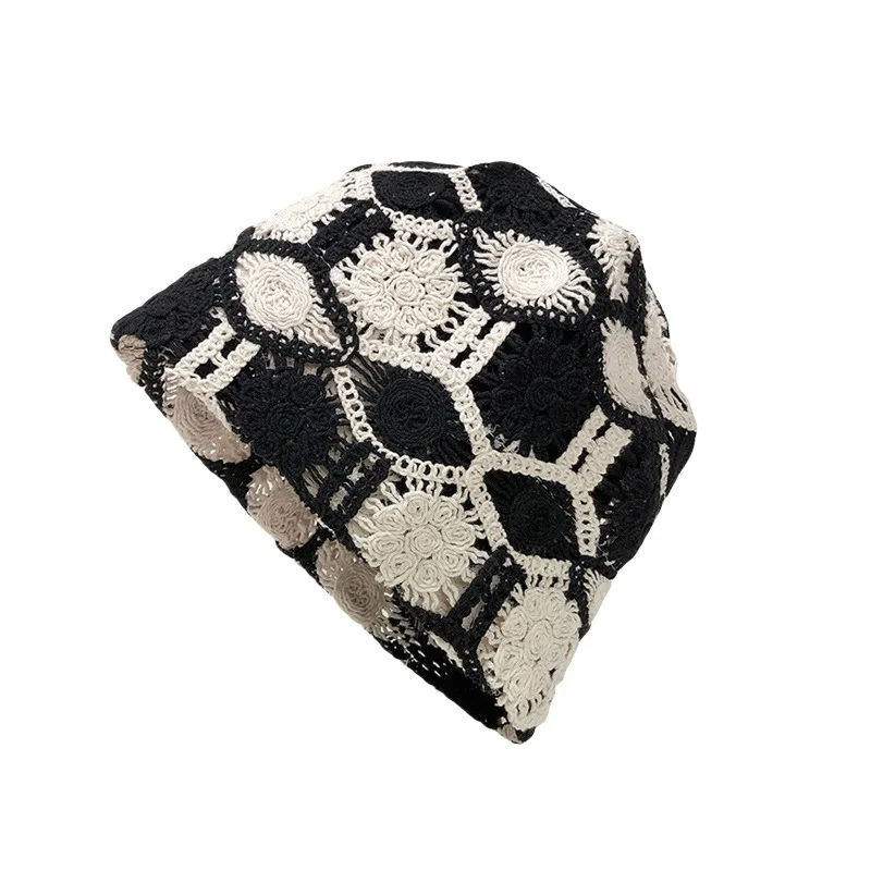 Hand-Knitted Beanie for Women: Lightweight Spring/Fall Openwork Knit Hat, Retro-Style Artistic Knit Beanie, Puffy Beanie