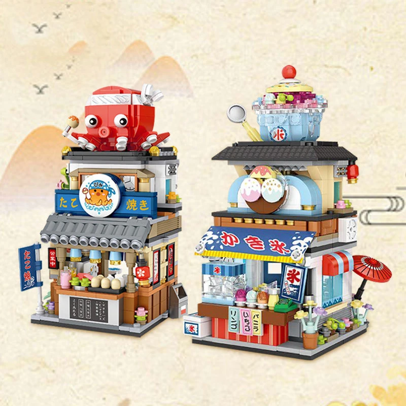 Japan Takoyaki City Street View Creative Mini Block Octopus Balls Ice Shaping Shop Building Brick Figures Streetscape Toys
