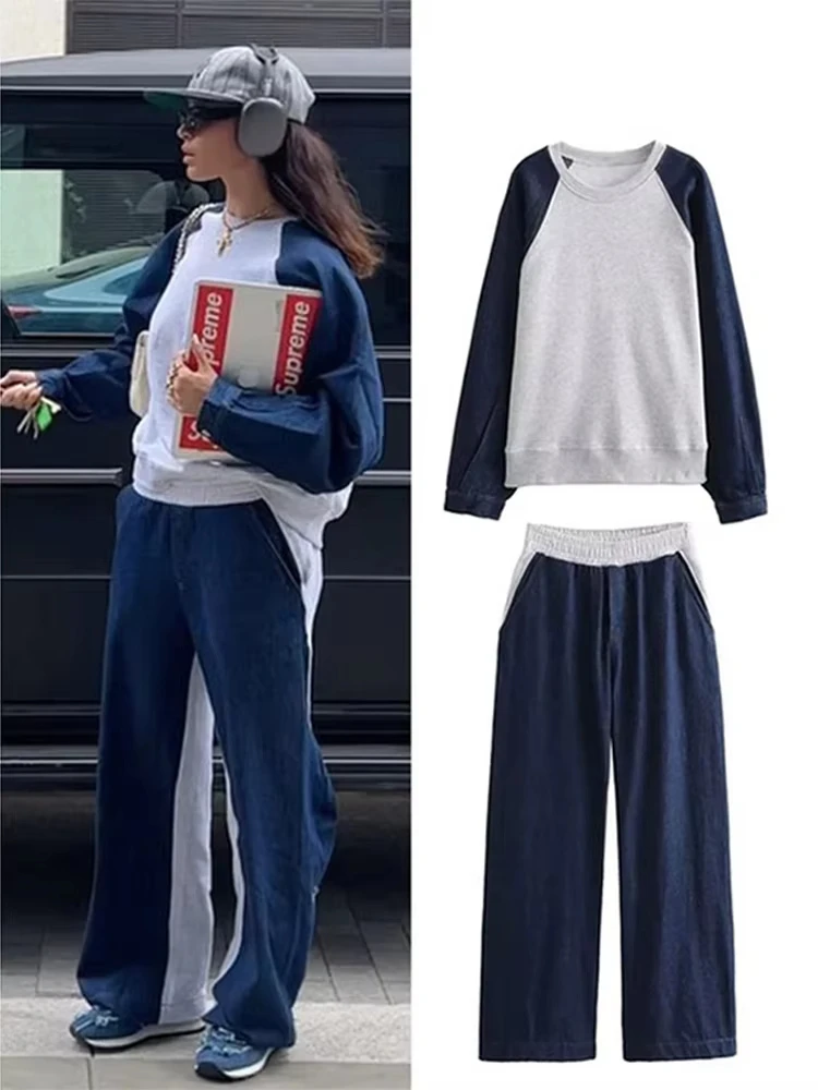 

2026 Casual Patchwork Denim Sweatshirt Pant Sets Women O-neck Contrast Top High Waist Pants Female Suit Autumn Lady Streetwears