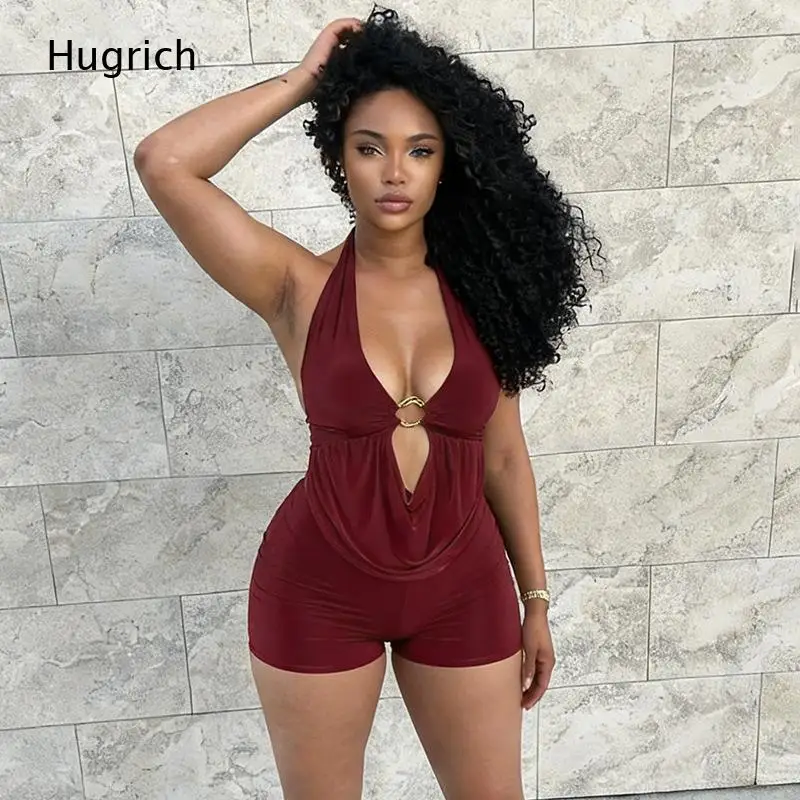 Women Burgundy Halter Romper Draped Neck Metal Ring Cutout Front Stretch Bodycon Short Jumpsuit