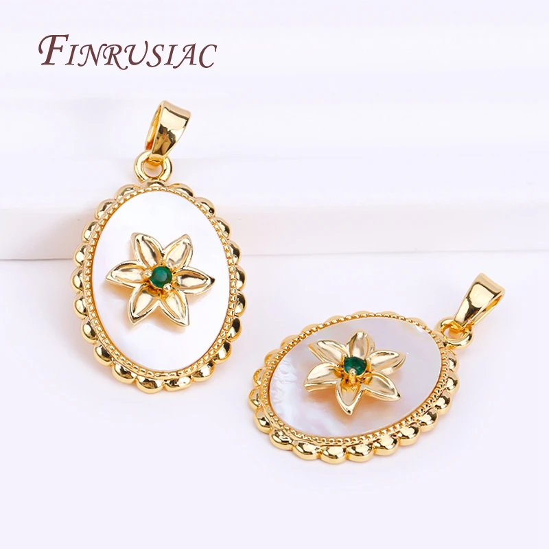 18K Real Gold Plated Oval Natural Shell with Flower Design Pendant For Necklace Making,Wholesale Pendants Charms DIY Jewelry