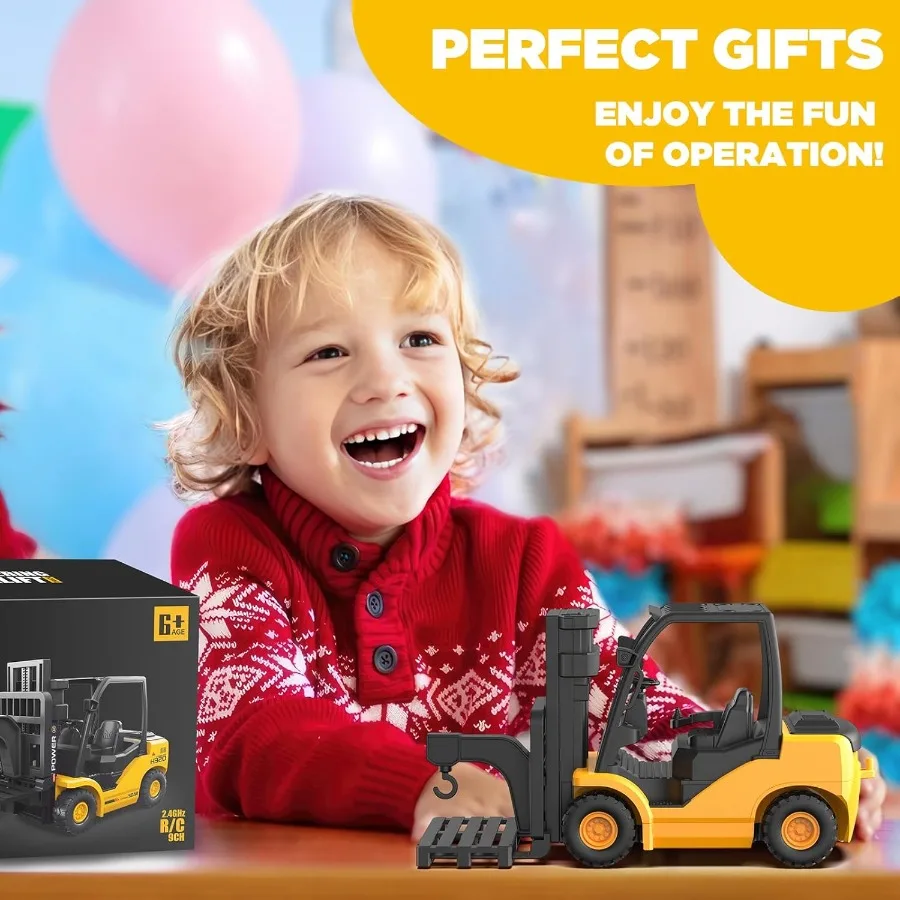 9Channel Remote Control Forklift Truck 1:18 Scale Construction Toy Realistic Lights and Sounds HighGrip Rubber Tires Lift and T
