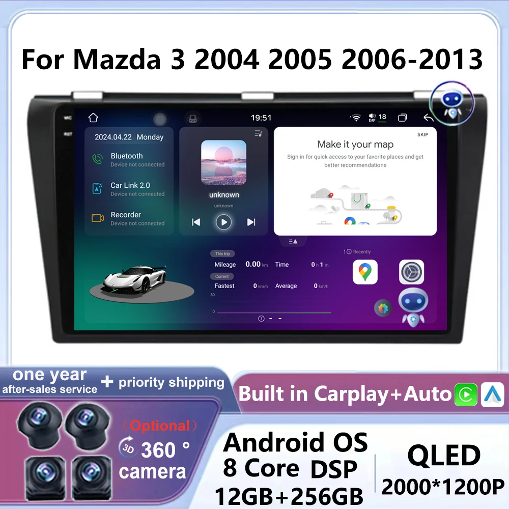 

QLED экран Android 14 для Mazda 3 2004 2005 2006-2013 автомобильное радио, беспроводное Carplay автомобильное мультимедийное Видео Android Авто WIFI 4G GPS