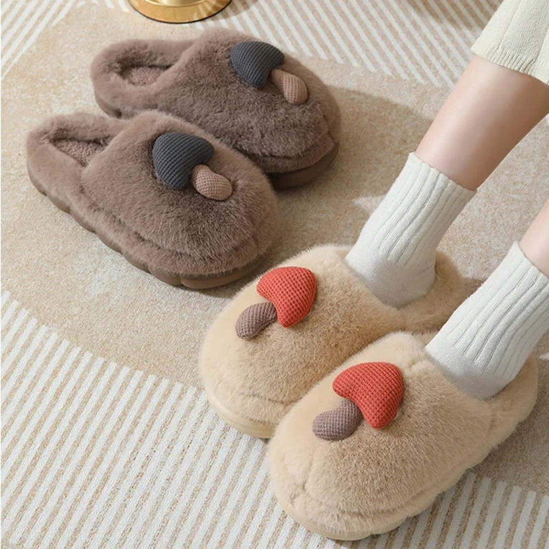 Cute Thicken Plush Mushroom Slippers Winter Warm Soft Thick Bottom Women Cotton Slides Fluffy Platform Comfort Indoor Slippers