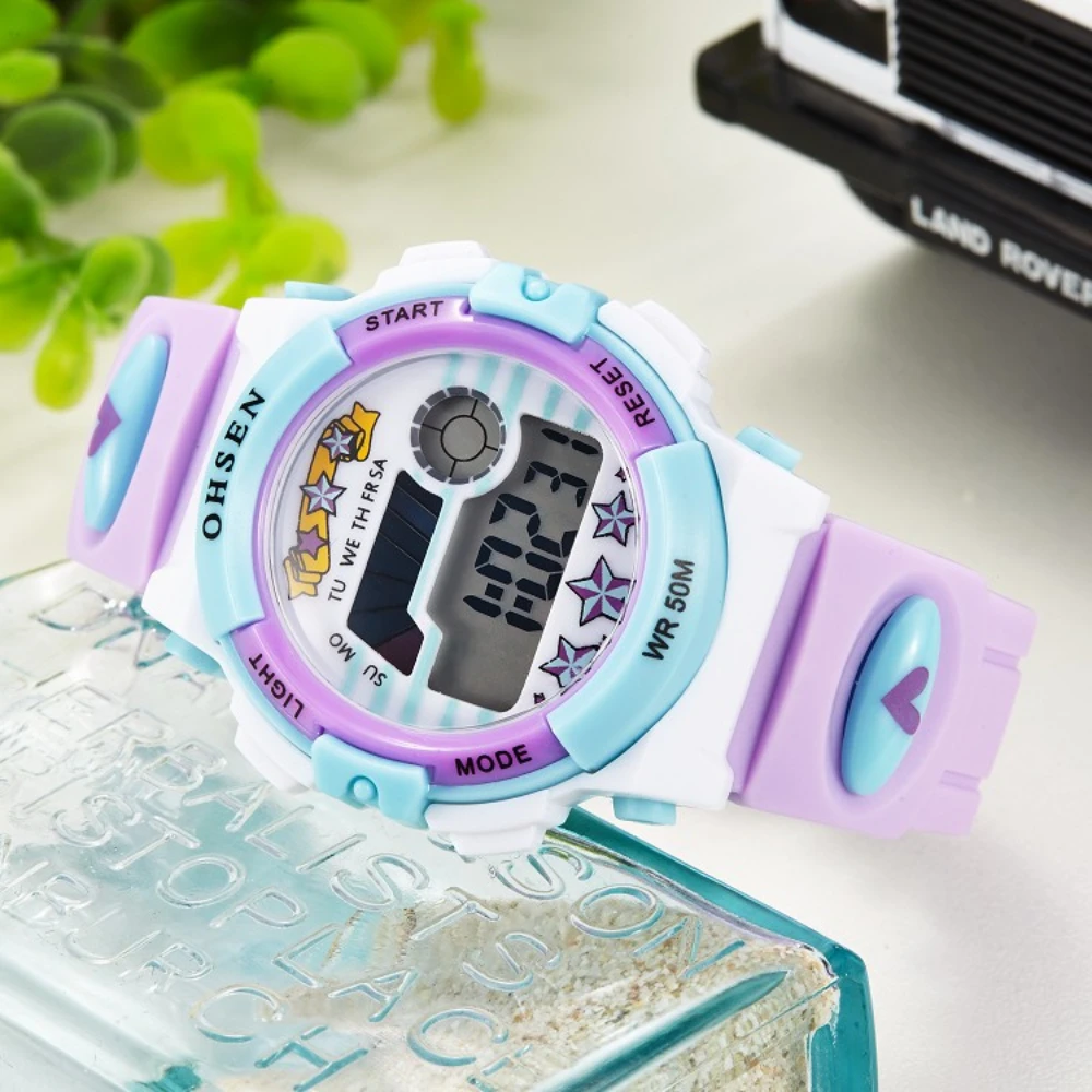 OHSEN Kids Sport Watches 50M Waterproof Purple Cartoon Digital Wristwatch Stopwatch Electronic LED Children Watch For Boys Girls