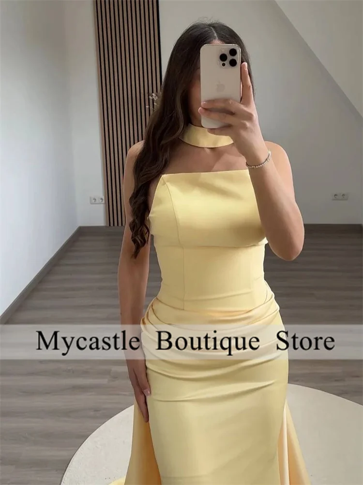

Customized Yellow Muslim Evening Dress 2025 Elegant Pleats Satin Arabic Prom Dress Wedding Party Gown Robes De Soirée