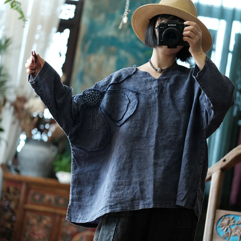 

Oversized Women Long Sleeve Linen T-shirts New 2025 Spring Vintage Style Vintage Style Plain Color Female Casual Tops Tees M1037
