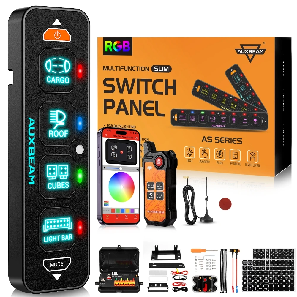 AUXBEAM AS SERIES AS-400 RGB SLIM SWITCH PANEL WITH APP & REMOTE CONTROL，For OFF ROAD CAR LIGHTS CONTROL 3 LIGHTING MODES