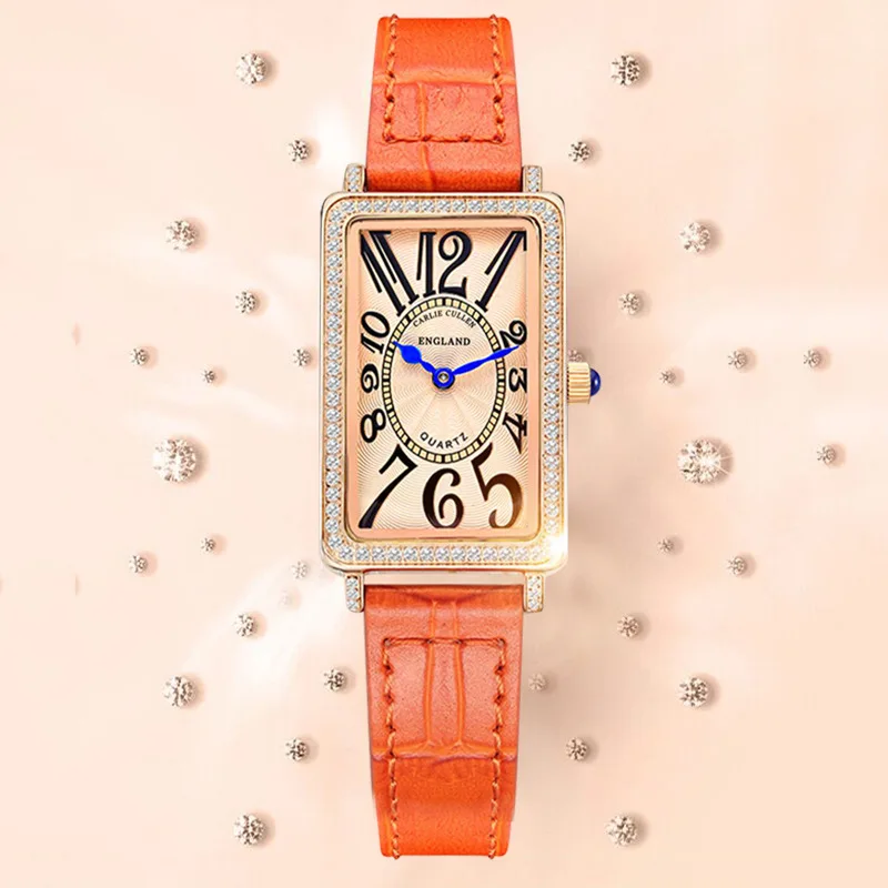 Fashion Unique Design Luxury Diamond Crystal Women Watches Orange Leather Strap Quartz Girl Ladies Clock Dress Wristwatch