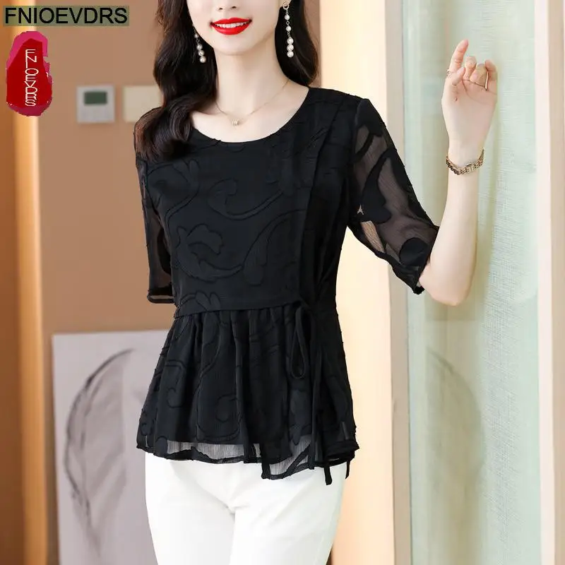 M-4XL 2023 Women European Style Elegant Office Lady Work Basic Shirt Belly Black Tunic Peplum Bow Tie Lace-Up Top Blouses