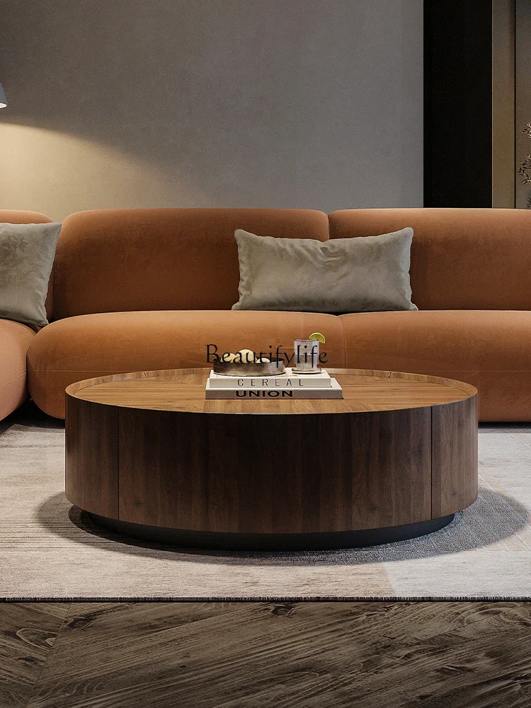 round Solid Wood Coffee Table Modern Living Room Walnut Storage Coffee Table Light Luxury Coffee Table