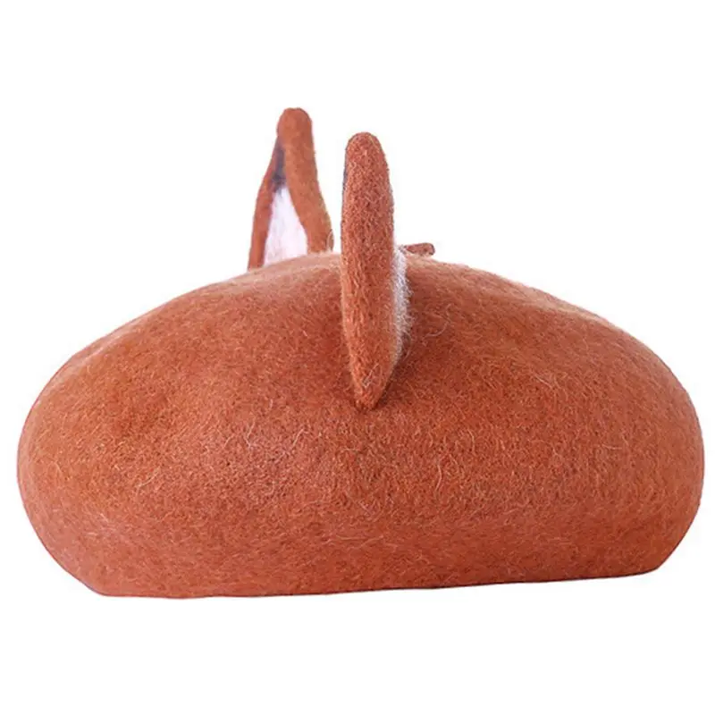 ABLB-2X Cute Fox Ear Beret Casual Warm Painter Hat Handmade Beret Honey Color