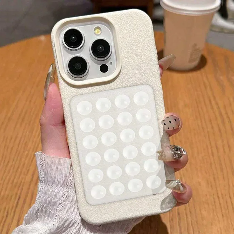 Luxury 3D Suction Cup Stand Litchi Pattern Phone Case For iPhone 16 Pro Max 15 14 Plus 13 12 11 XS Max XR Full Protection Cover