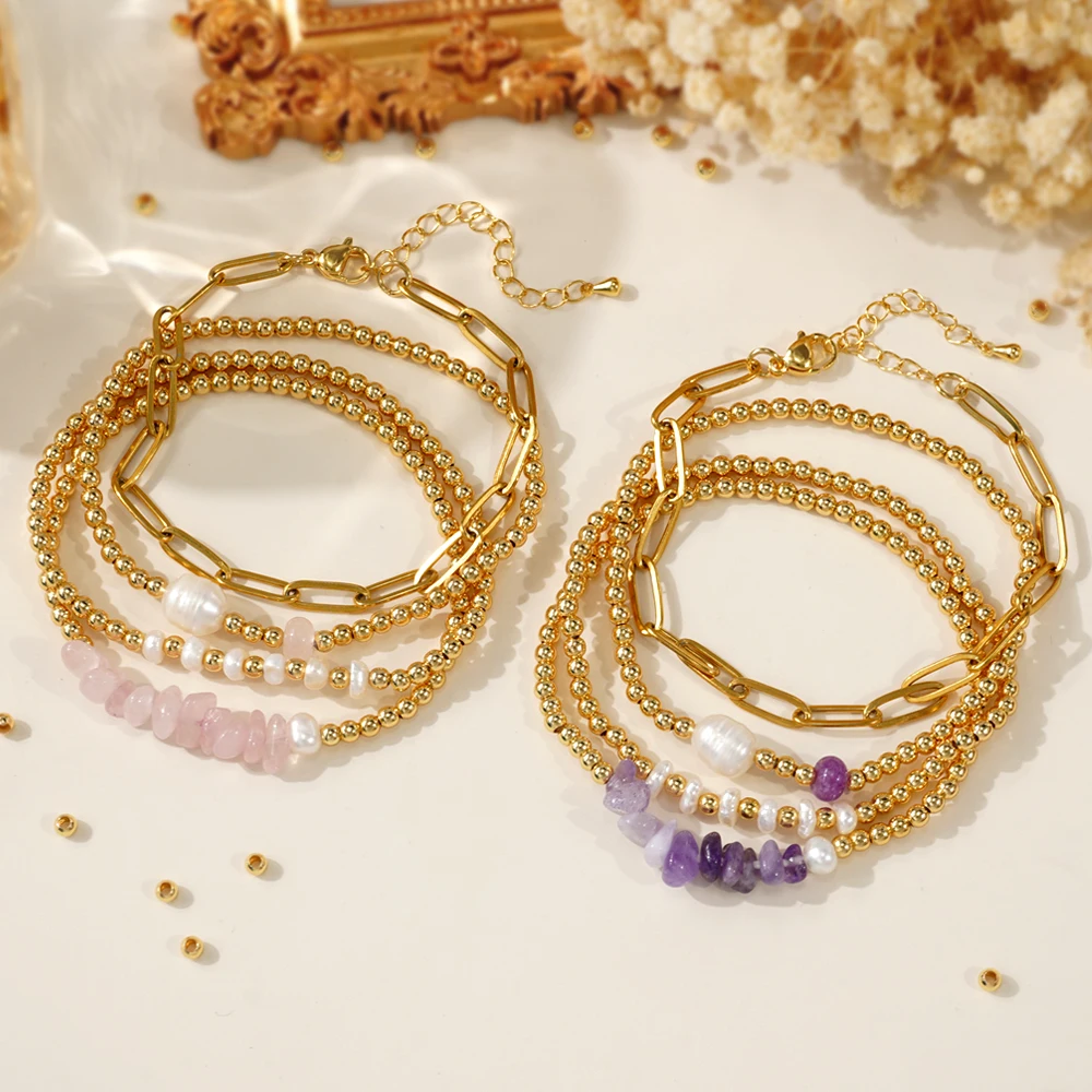

4PCS Boho Layered Bracelet Set for Women, Gold Beads Chain with Pearl Amethyst Crystal, Adjustable Stacking Jewelry Gift