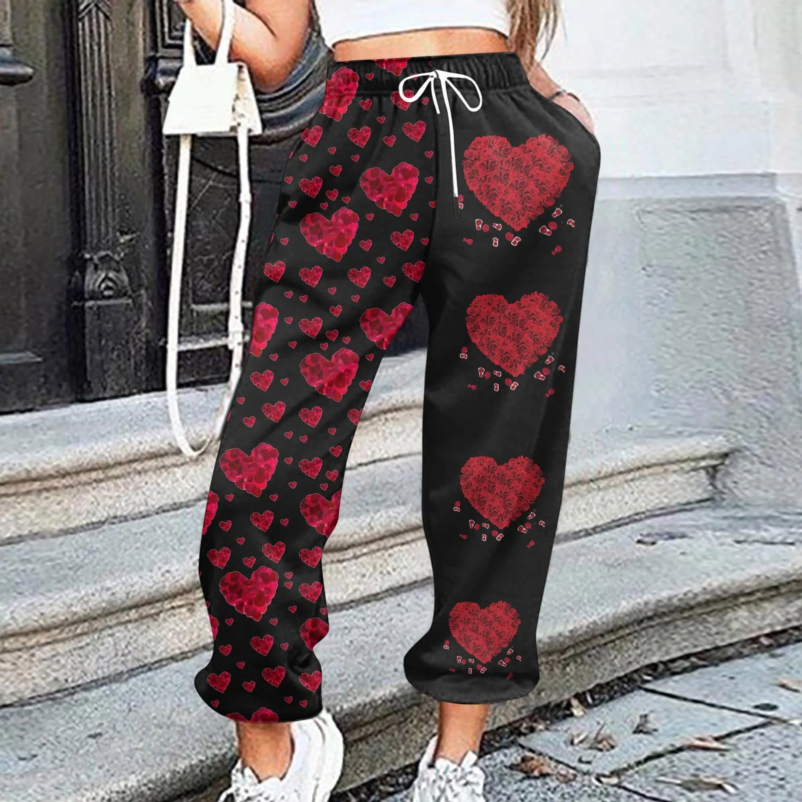 Weites Bein Hosen Frauen Valentinstag drucken unten Jogging hose Taschen hohe Taille Sport Gym Jogger gerade Hosen Jogger Basic Hose