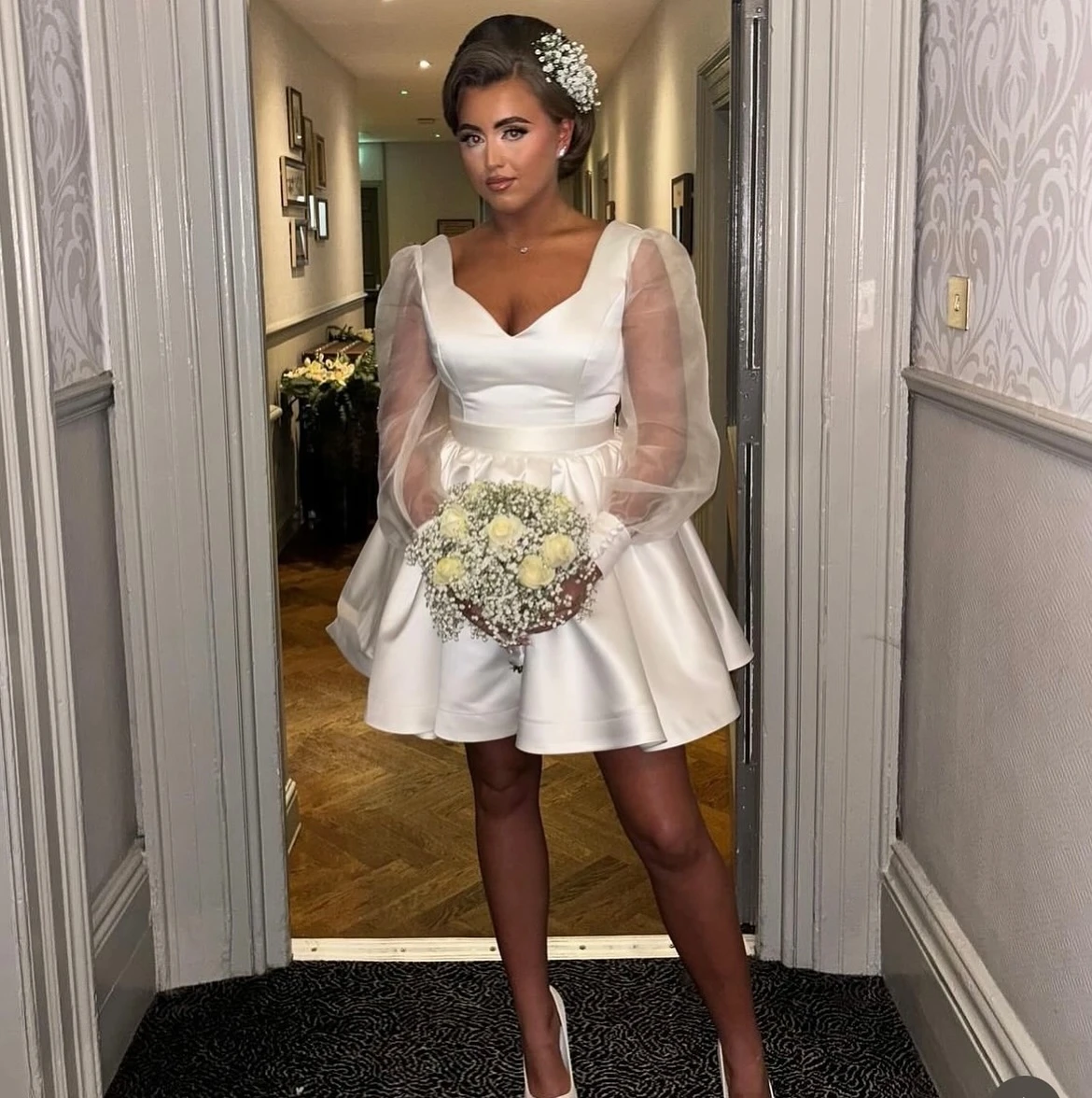 

Sweetheart Ivory Satin Cocktail Dress For Women A Line Cocktail Gown Knee Length Long Puff Sleeves Party Gown