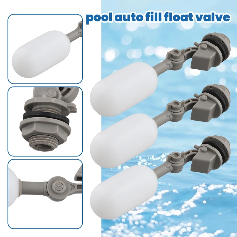 3-Piece Float Valve Set, 1 / 2-Inch Water Supply Pipe Float Valve With Adjusting Arm For Swimming Pool, Aquarium (Gray)