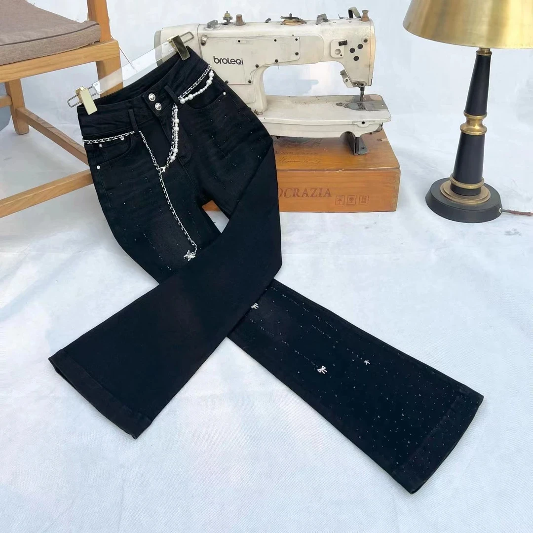 

Spring New Arrival Women's Slim Fit Crystal Embellished Flared Jeans High Waist Long Pants Elastic Stretchy Fashionable Denim