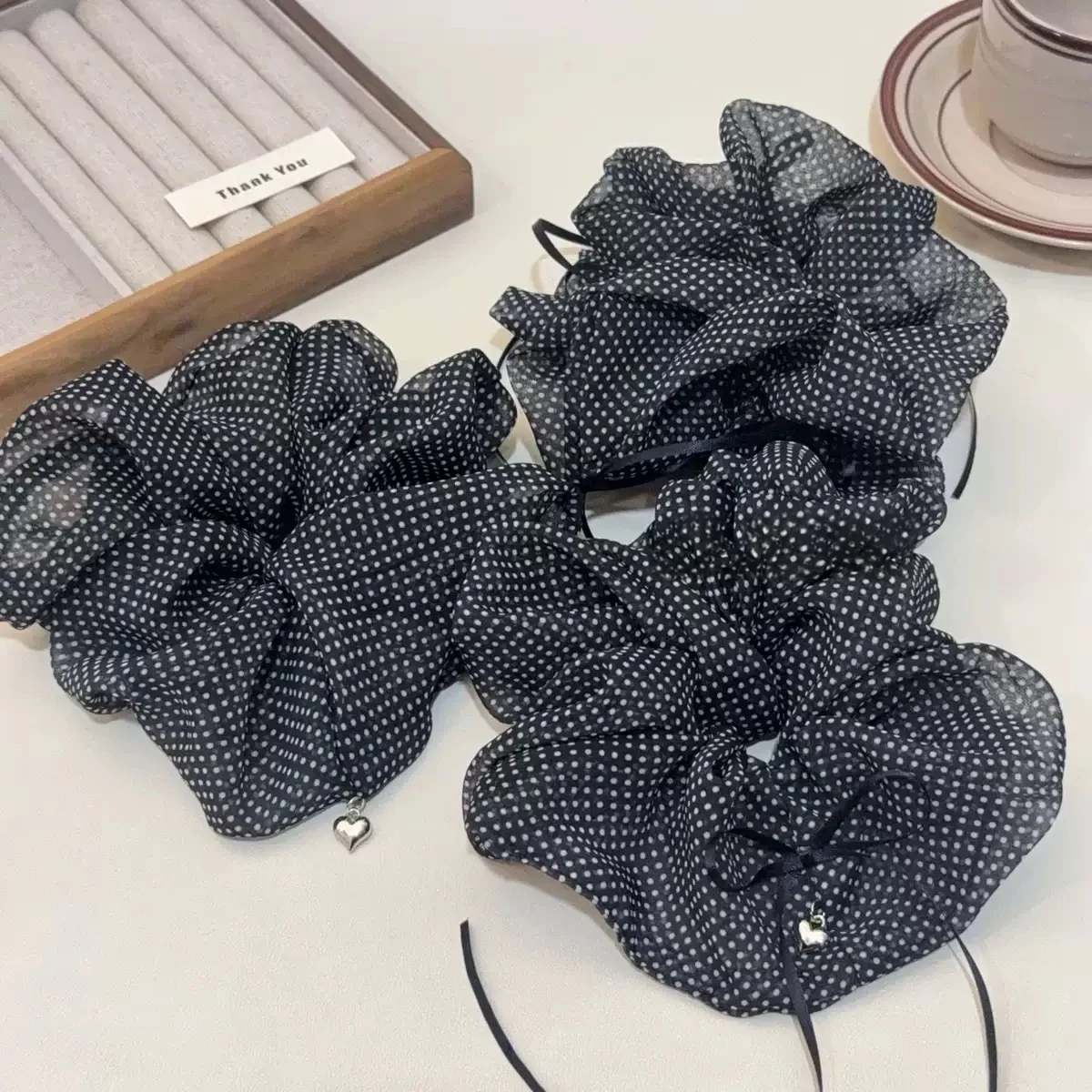 

Black And White Polka Dot Sheer Hair Tie With A Bow - Suitable For Low Buns And Ponytails - An Elegant Women'S Hair Accessory