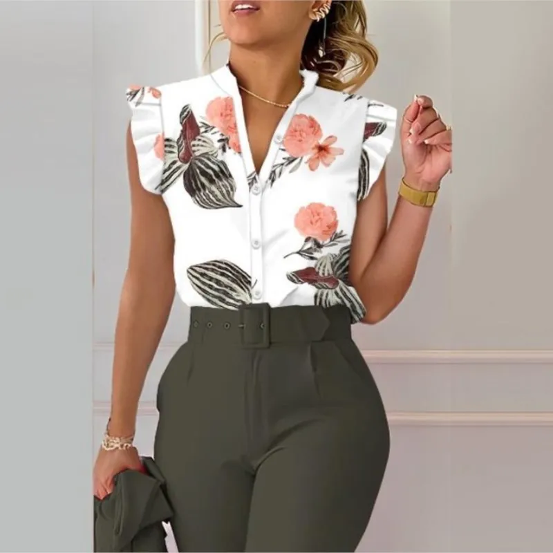 Summer V-neck Button Up Ruffle Patchwork Short Sleeved Printed Shirt For Women 2024 Elegant Office Lady Slim Blouses Femme Blusa