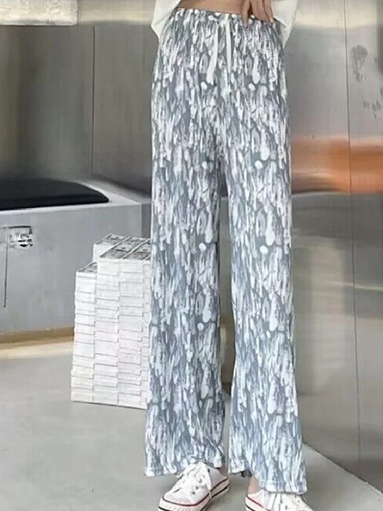 التعادل صبغ سليم بنطال ذو قصة أرجل واسعة المرأة الصيف رقيقة الحرير الجليد ثنى فضفاض عادية مستقيم الساق بنطلون العصرية عالية الخصر تسعة قطع
