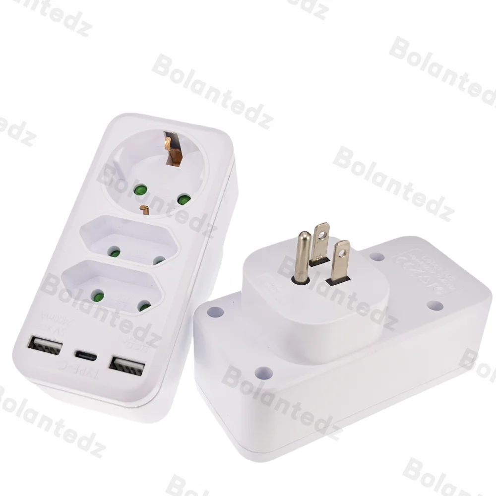 Bolantedz EU US UK Plug 6-in-1 Wall Socket Extender with 3 AC Outlet 3 USB 4000W 5V2.4A Wall Charger for Home/Office