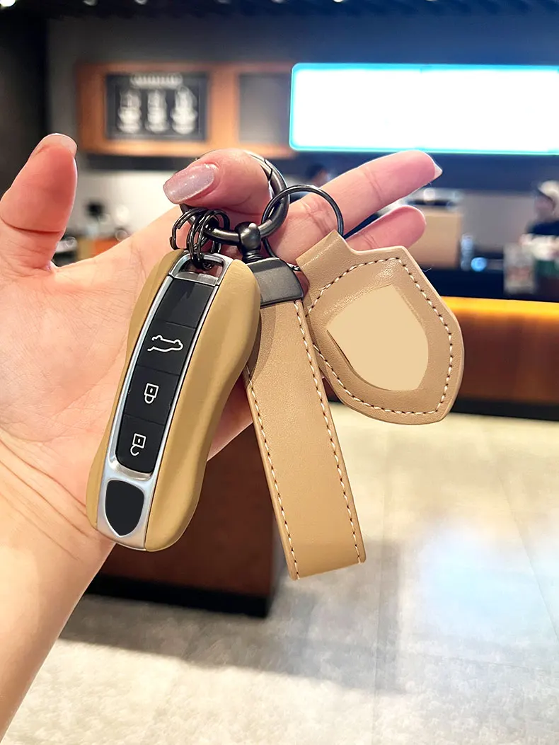 

For Porsche Panamera Cayenne 92A Macan 95B 911 718 Taycan Boxster Cayman Beige Leather Car Keychain Case Shell Cover Accessories