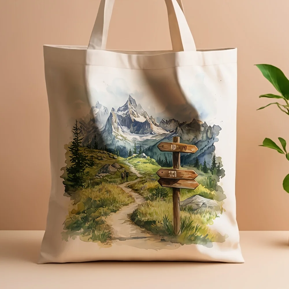 A Mountain landscape pattern print canvas tote bag, suitable for daily use, shopping, school, and travel