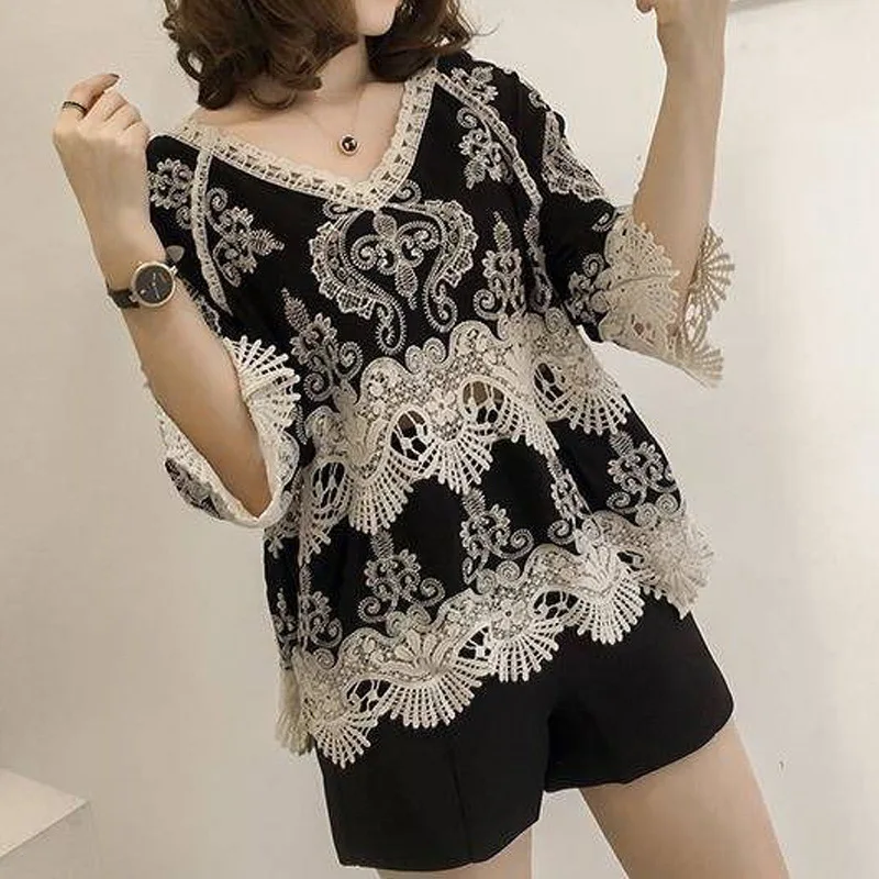 Retro Ethnic Style Chic Lace Embroidery Hollow Sexy T Shirt Women Casual V-neck 3/4 Sleeve Loose Sweet Street Top Female Clothes