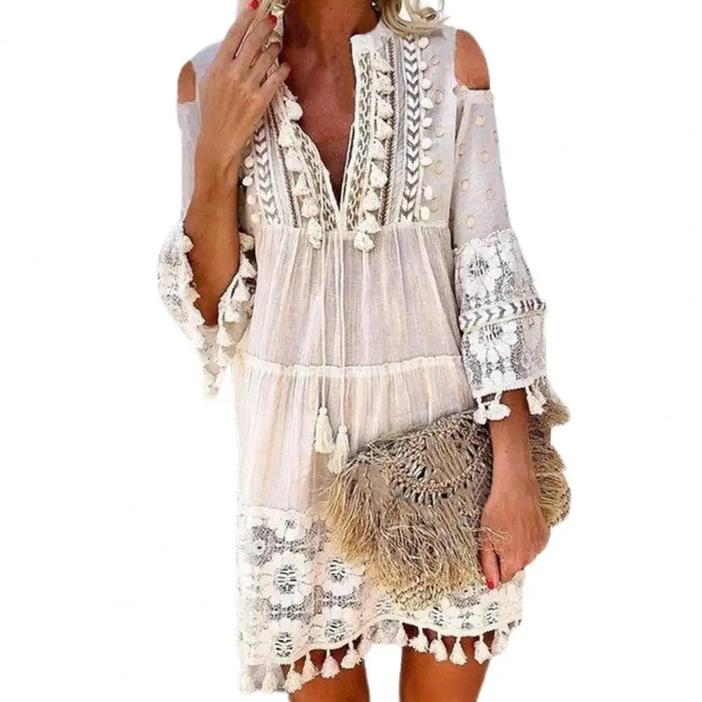 Robe en dentelle à franges à manches longues pour femmes, robe droite sexy, robe sans bretelles, col en V profond, robe d'été décontractée, robe de vacances Boho