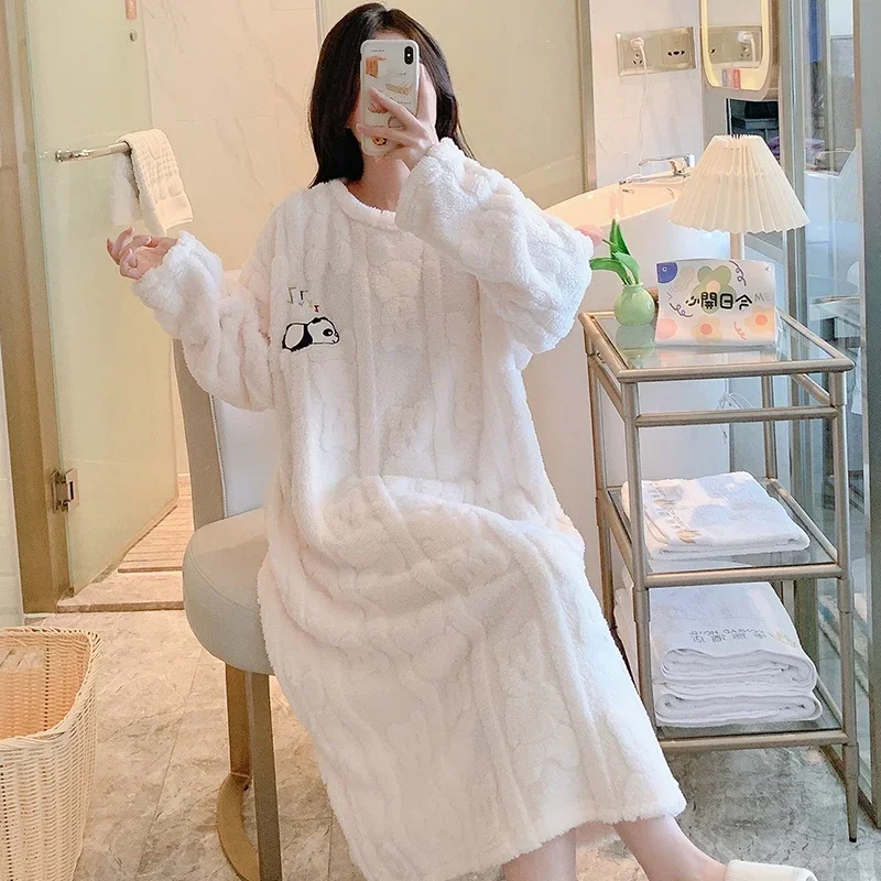 2023 Winter Plus Size Long Sleeve Thick Warm Flannel Nightgowns Women Korean Loose Coral Velvet Sleepwear Night Dress Nightdress