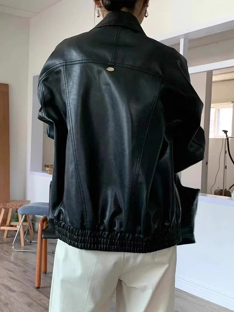 سترة نسائية جلدية فضفاضة غير رسمية كلاسيكية عالية الشارع لسائقي الدراجات النارية سترة بسحاب ملابس شتوية عصرية للنساء