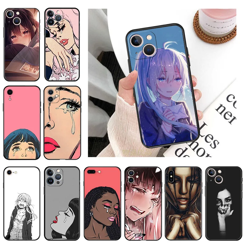 Ultra Thin Matte Soft Cartoon Sad Crying Girl Phone Case For iPhone 16Pro 15 14 13 12 Mini 11 16 Pro Max 7 8 Plus XR SE Cover