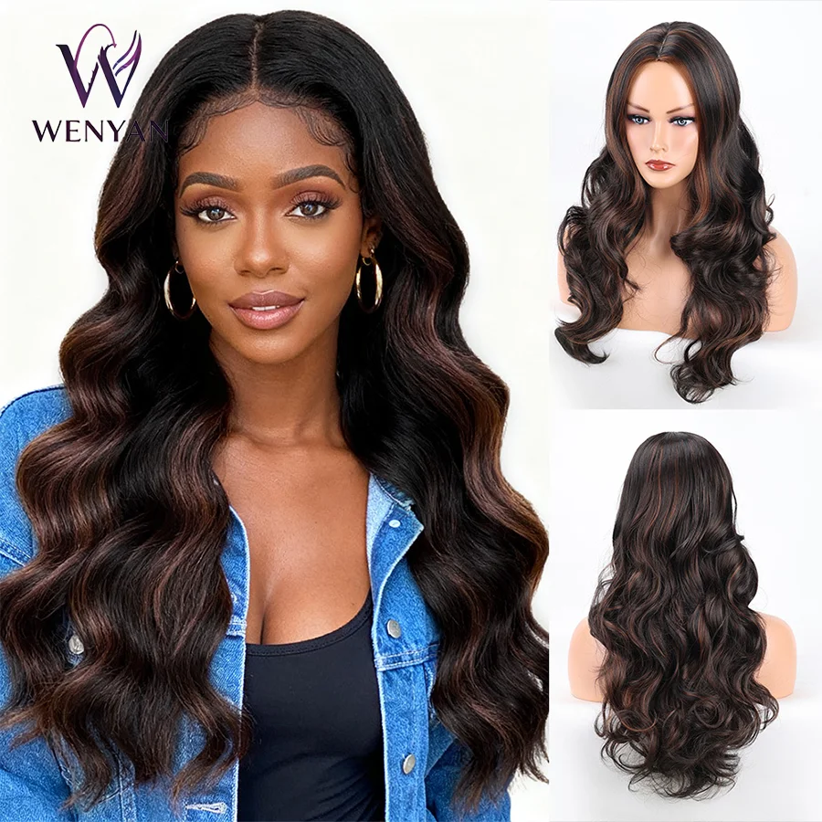 28 Inch mix black Curly Wig , Highlight Brown Wavy Middle Part Natural Hairline Layered Synthetic Wig for Women Daily