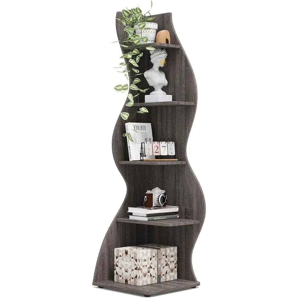 

5-Tier Wall-Mounted Bookshelf, Stylish Small Storage Rack with Unique Shape for Living Room or Home Office, Gray