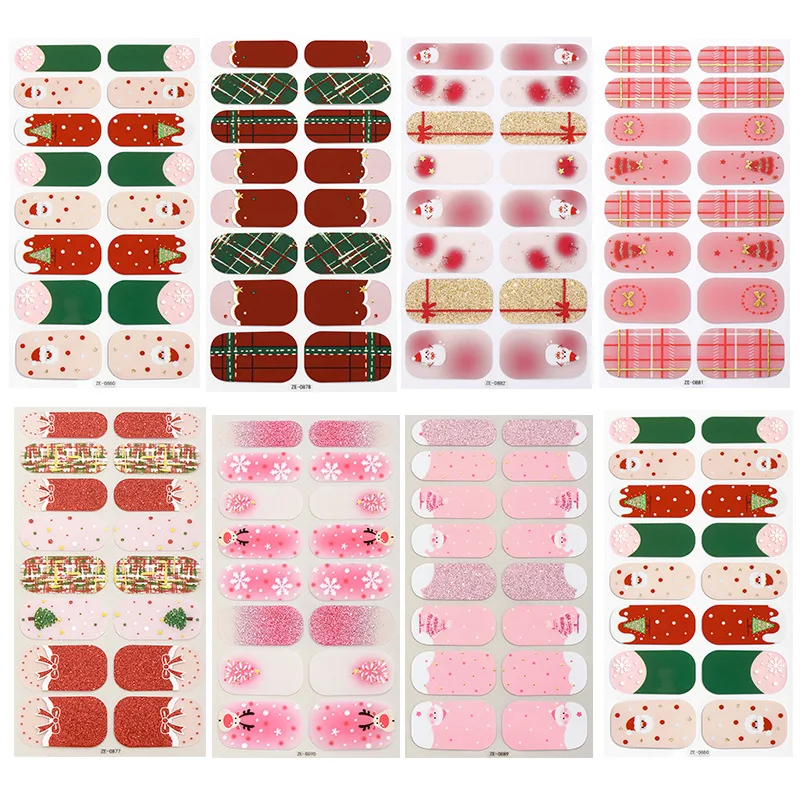 16種類のフルカバーネイルステッカー クリスマスツリー エルク 雪だるま 自己粘着スライダー UVランプ不要 プレスオンネイルデカール