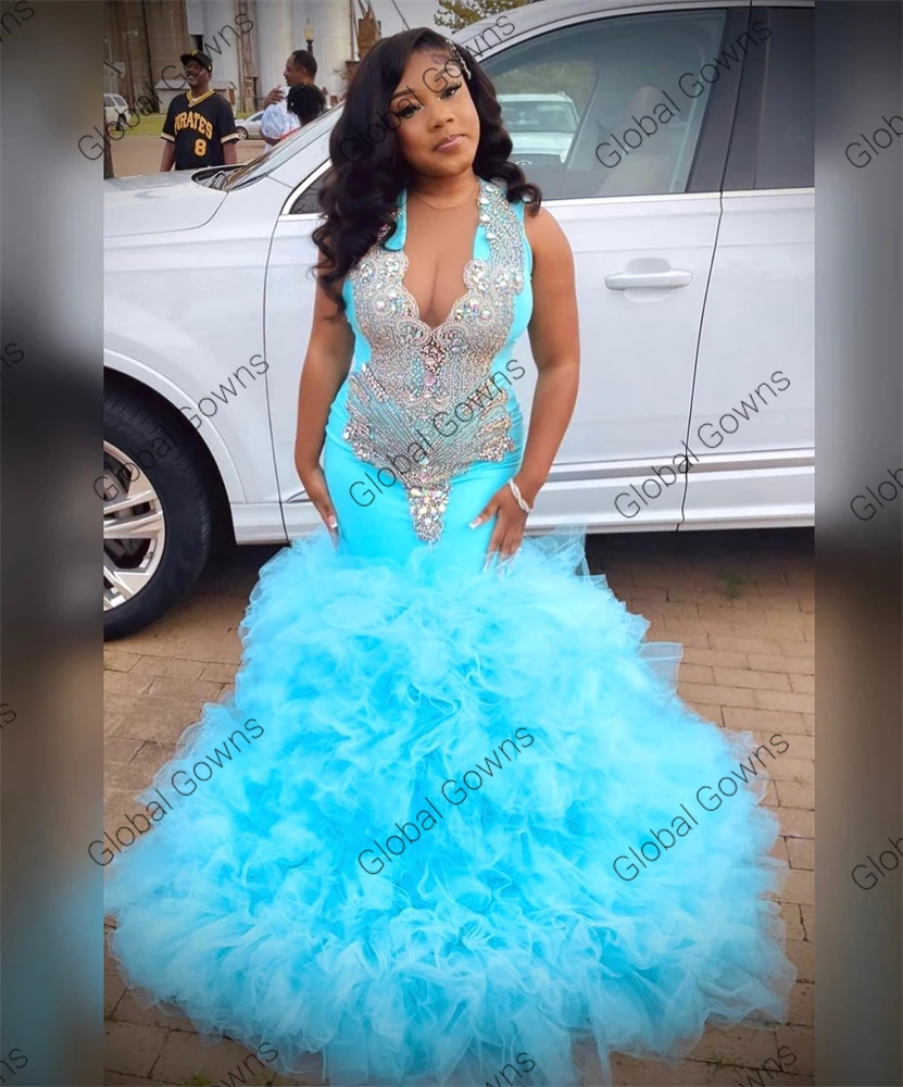 Lake Blue Sheer O Neck Long Prom Dress For Black Girls Beaded Crystal Birthday Party Dresses Ruffles Mermaid Evening Gown Robe