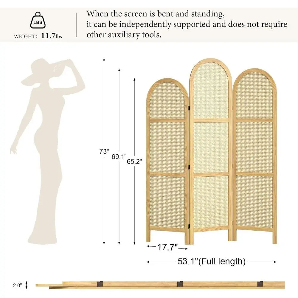 Tall Adjustable 3-Panel Rattan Room Divider with Wooden Feet - Portable Privacy Screen for Home Office, Bedroom, Bathroom (Natur