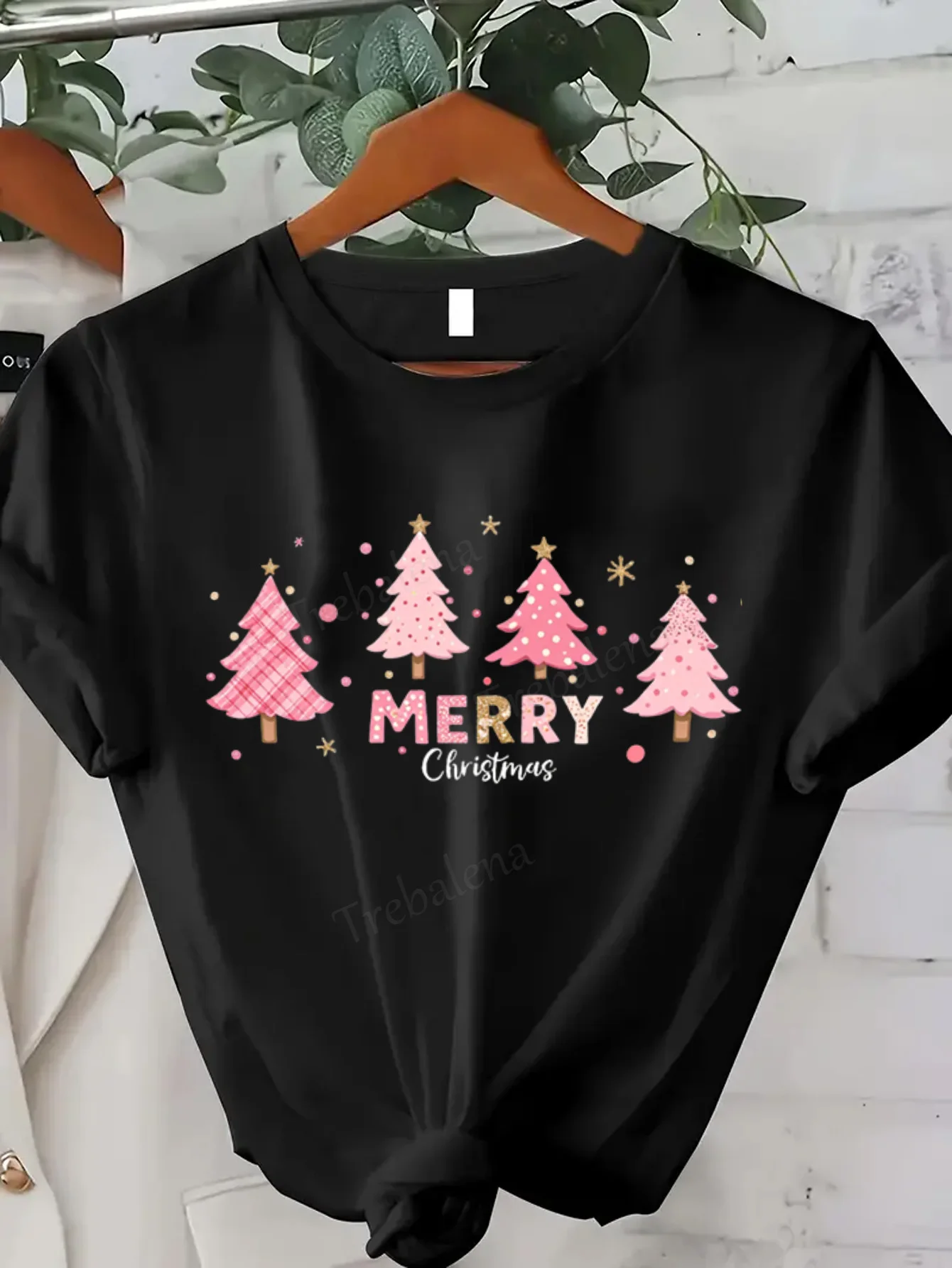 

Women T-shirt Pink Christmas Trees Merry Xmas Women's Tee