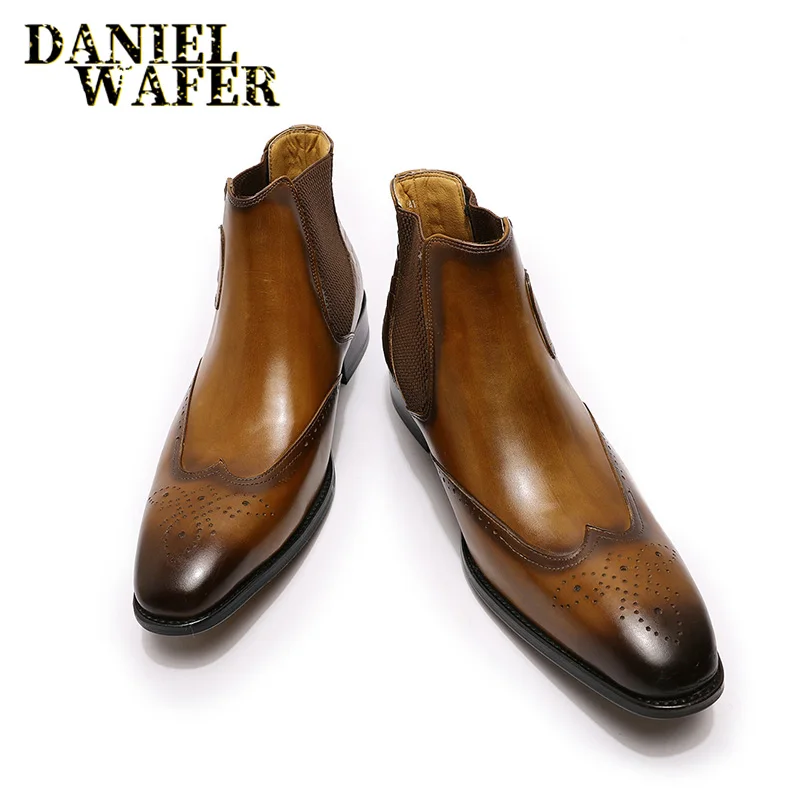 Luxus Chelsea Stiefel Echtes Leder Herren Stiefeletten Hochwertige Slip On Schnalle Riemen Flügelspitze Braun Schwarz Schuhe Basic Stiefel Männer