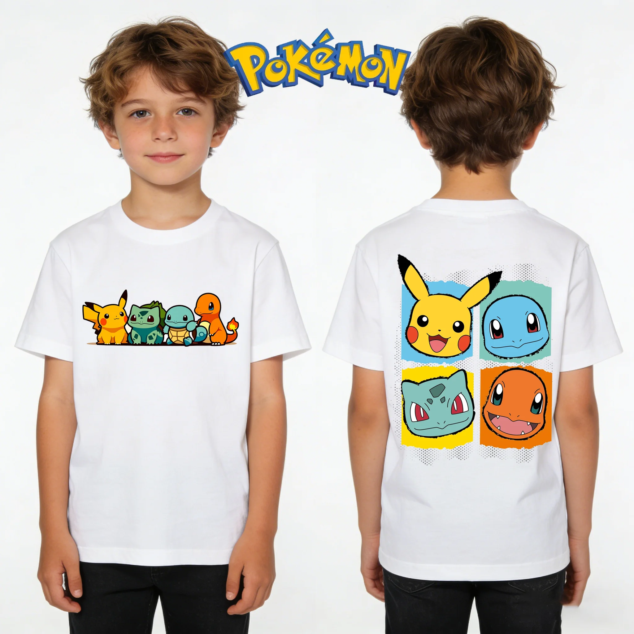 

2026 Summer Anime Pokémon Cosplay T-Shirt Cotton Short Sleeve Tops Casual Loose Retro T-Shirt Men Kids Family Matching Outfits