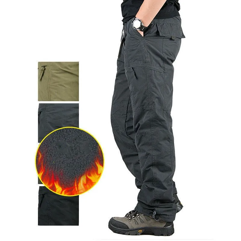 Baggy Pants Thick Warm Fleece Cargo Pants Men Winter Outdoor Multi-pockets Loose Straight Overall Long Trousers XXXXL Bottoms