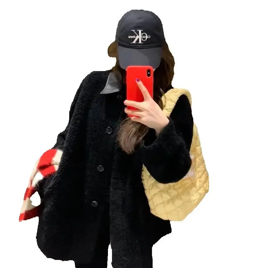 

Корейское женское пальто из овечьей кожи, осень-зима 2021, новый черный утягивающий меховой топ с толстым и теплым пальто