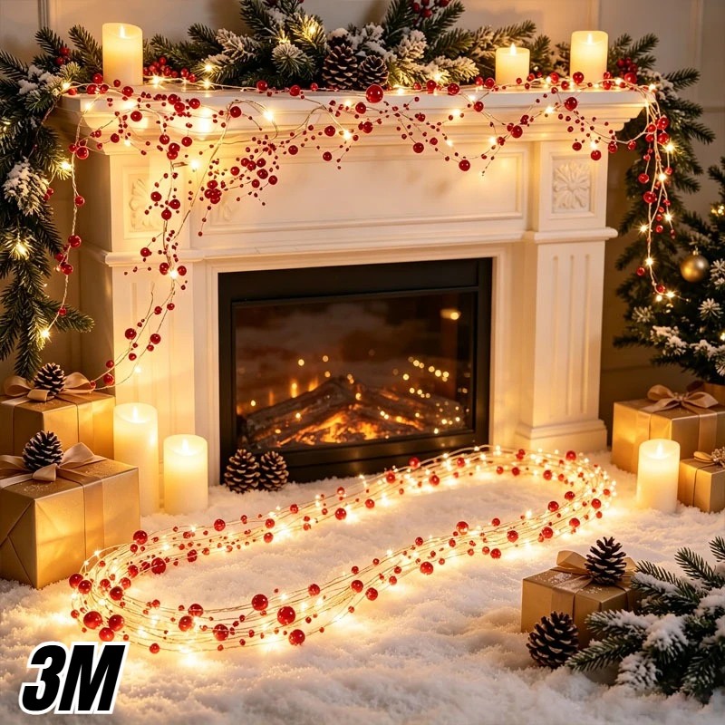 LED Red White Pearl String Lights Copper Wire Fairy Green Leaf Vine Battery Operated Romantic Wedding Home Christmas Party Decor