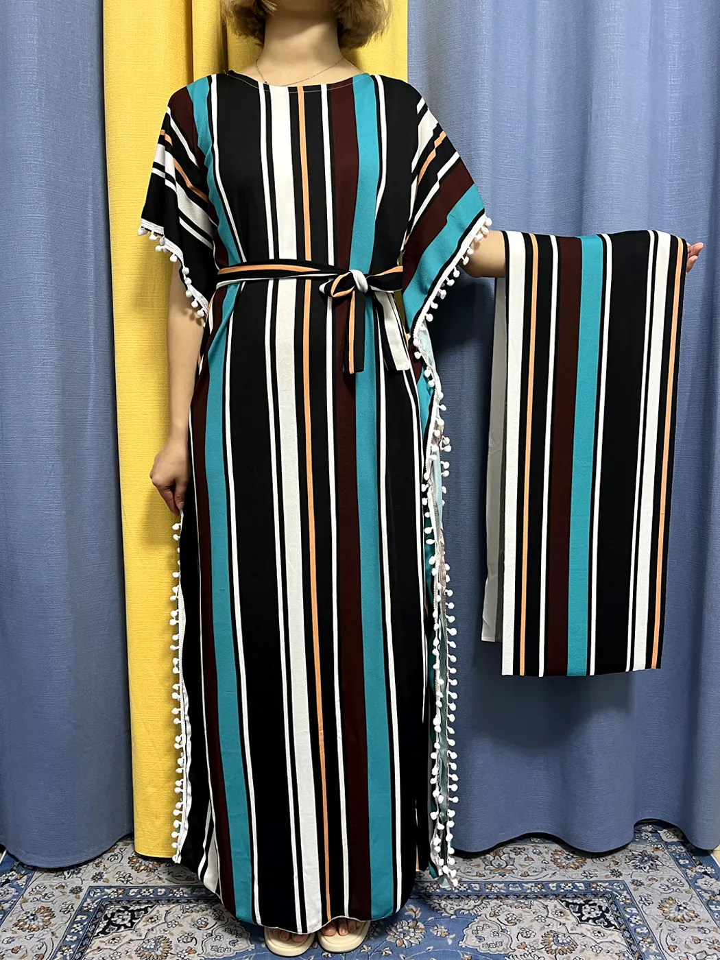 Abayas For Women 2023 Printed Vertical Stripe Tassels Elasticity Loose Fit Femme Robe African Woman Dresses With Belt Headscarf