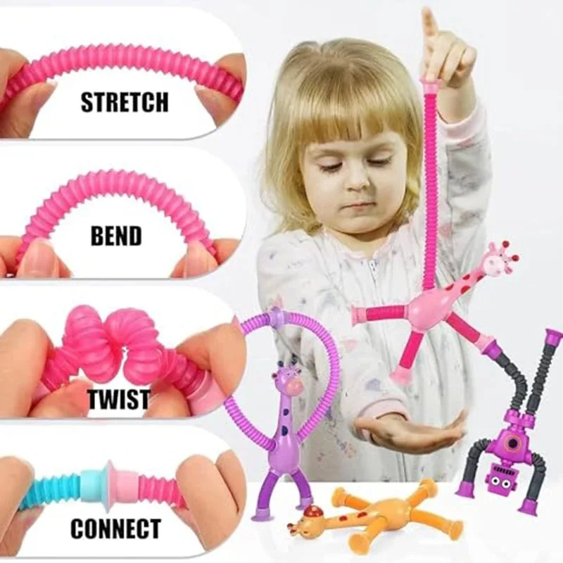 4/12PCS Children Suction Cup Toys Pop Tubes Stress Relief Squeeze Toy Telescopic Giraffe Hand Toy Sensory Bellows Toys Kids Gift