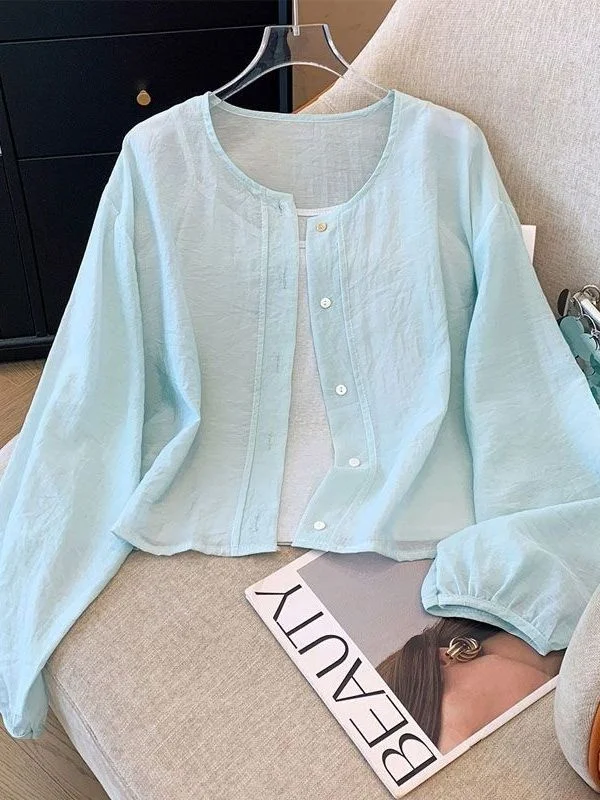 

Sweet Pure Color Long Sve round Ne Loose Fit Design Sensation Summer New Single Button up Sun Protection irt
