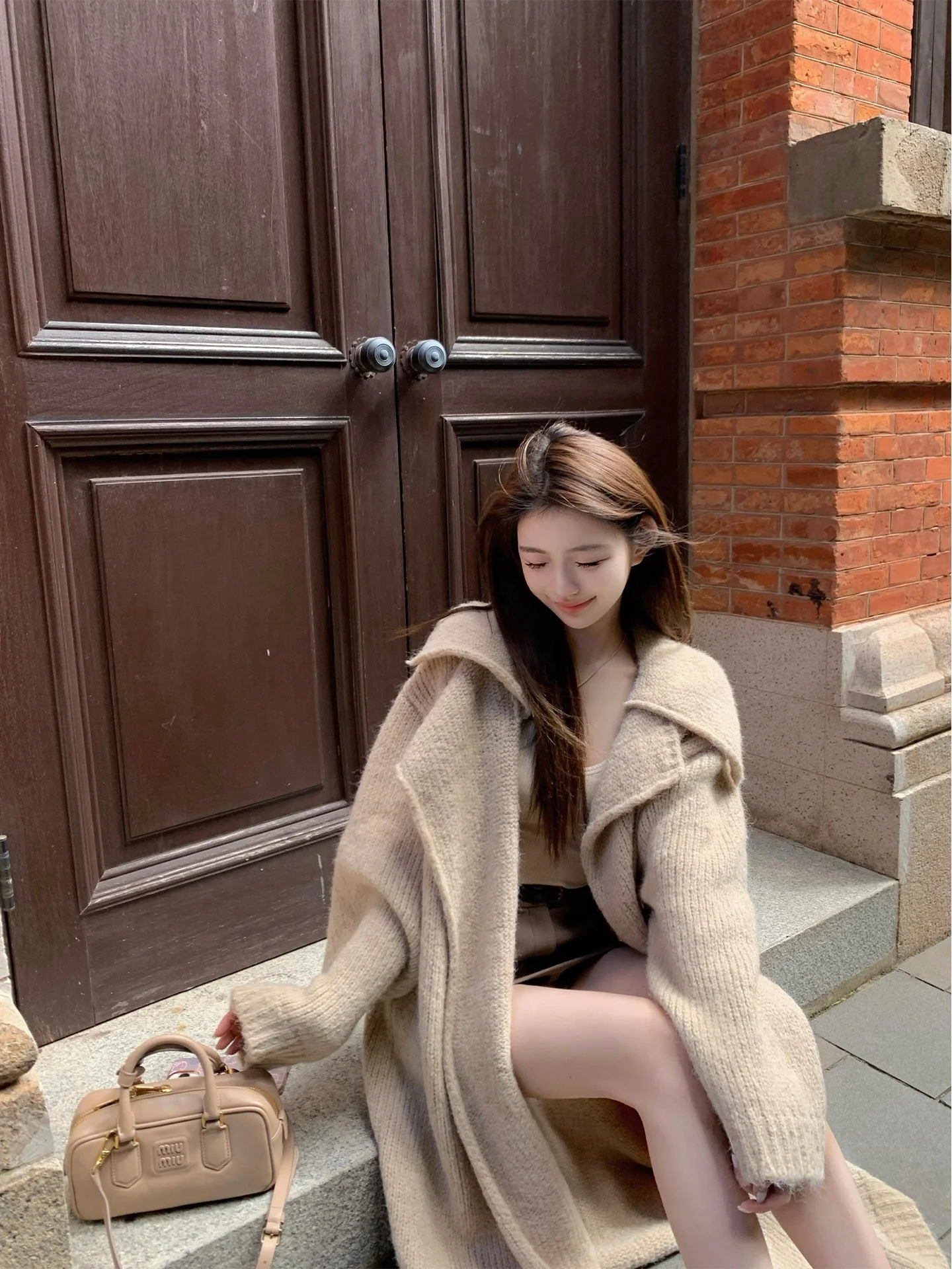 

Bigking Long Knitted Wool And Camere Women's Sweater Cardigan Coat Fall Winter Lazy Sle Coffee Color Loose Fit Commute Sle