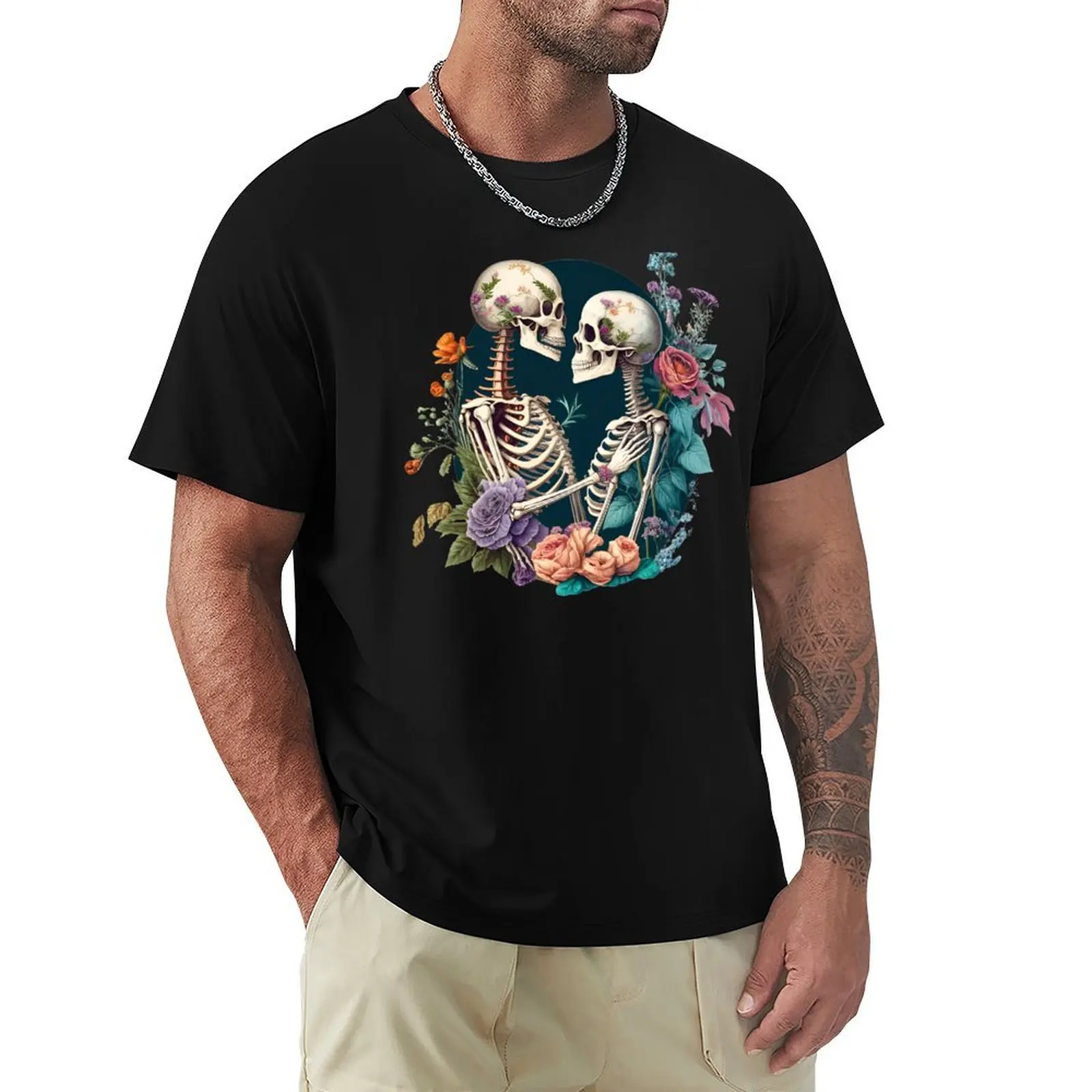 Flowery Love Exchange: A Skull Romance T-Shirt Casual Breathable Short Sleeve Top