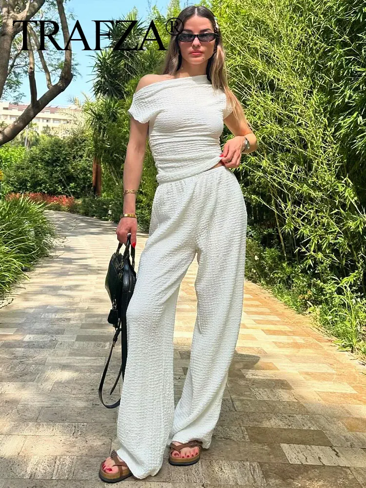 TRAFZA 2024 Summer Woman's Fashion Pants Set Skew Collar Sleeveless Top+Mid Waist Elastic Waist Wide Leg Pants Suit Woman Trendy